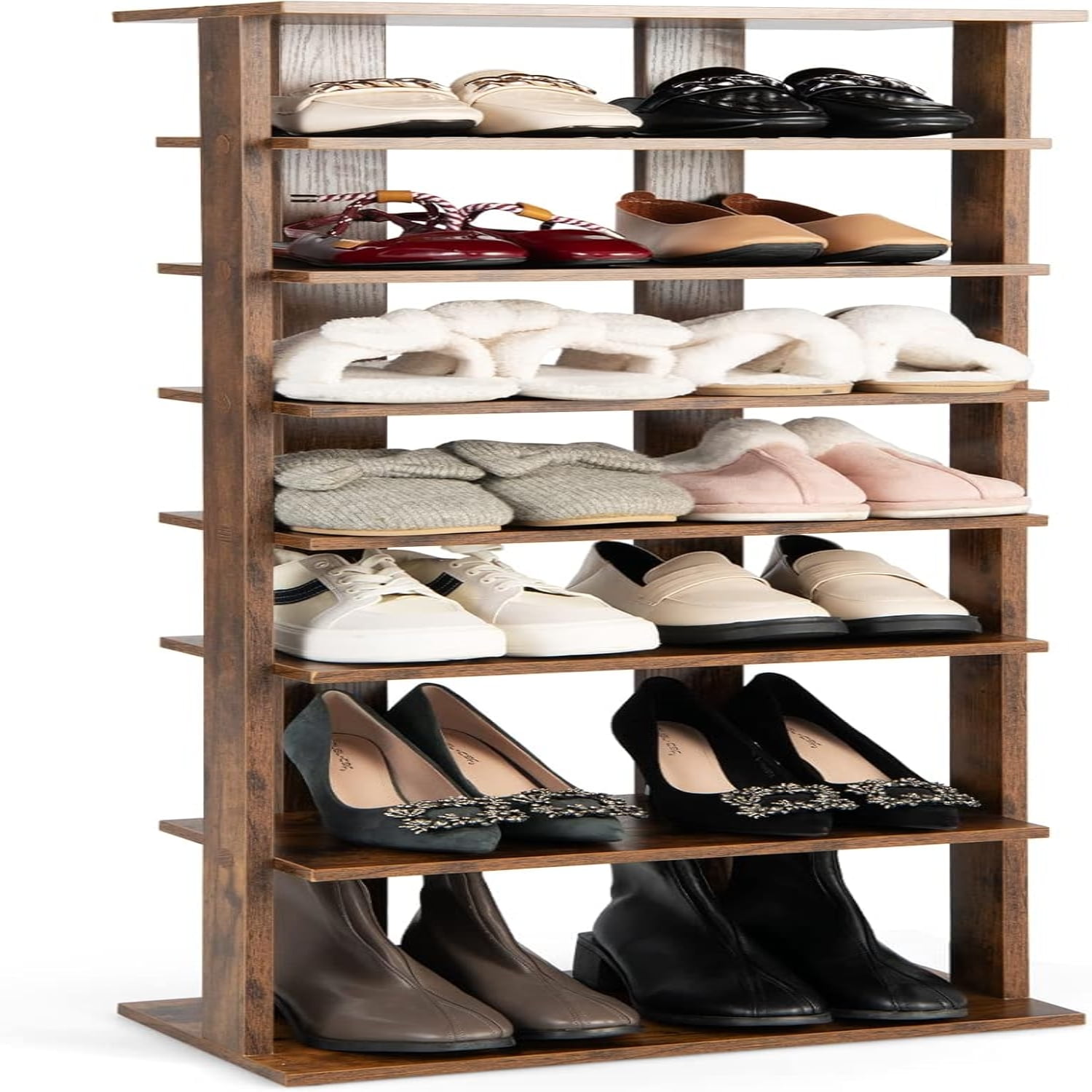 7 Tier Wooden Shoe Rack Patented Double Row Shoe Organizer for 14 Pairs Customizable Height Space saving Shoe Storage Stand for Entryway Hallway Living Room Bedroom Brown Double Walmart