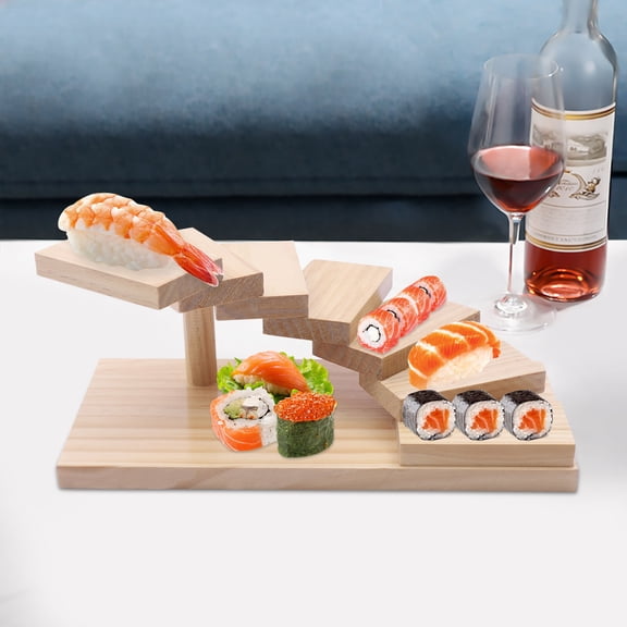 7 Tier Wooden Staircase Sushi Stand, Natural Wood Food Safe Display Rack with Rounded Edges, Elegant Tiered Appetizer Dessert Serving Tray for Party Restaurant Home, 11.8x5.9x4.9in