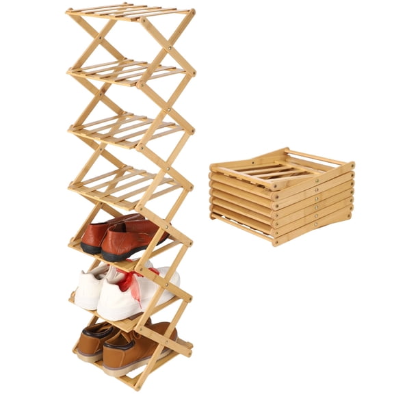 Folding Shoe Rack, 7 Tier Shoe Rack Wooden Vertical Shoe Rack for Small Spaces, Narrow Corner Shoe Organizer for Home