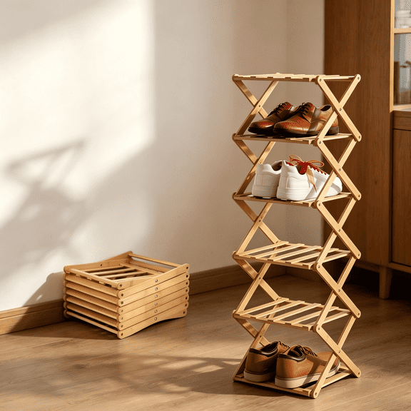 7 Tier Wooden Vertical Shoe Rack, Folding Narrow Shoe Organizer, Standing Portable Shoe Storage Shelf for Entryway, Bedroom, Living Room Corner and Small Spaces, No Installation, Space-Saving