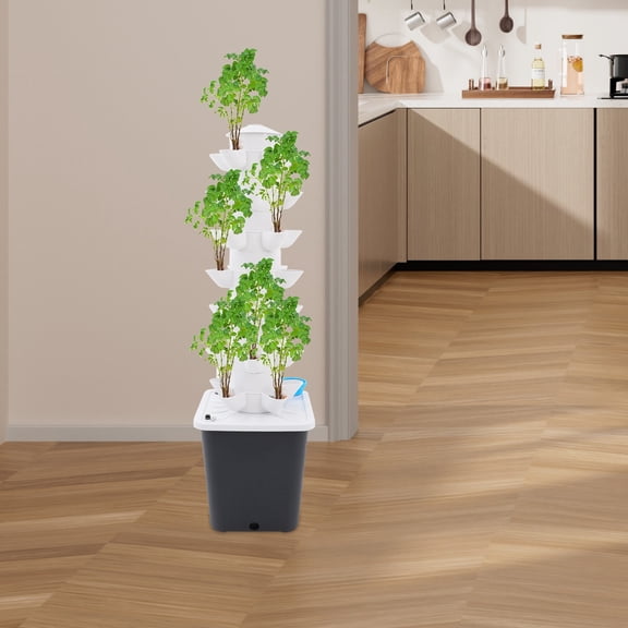 7 Tiers 35 Holes Plants Hydroponic Tower, Hydroponics Growing System Tower, Vertical Planter Germination Kit for Herbs Vegetables Fruits Peppers Strawberries, White+Grey