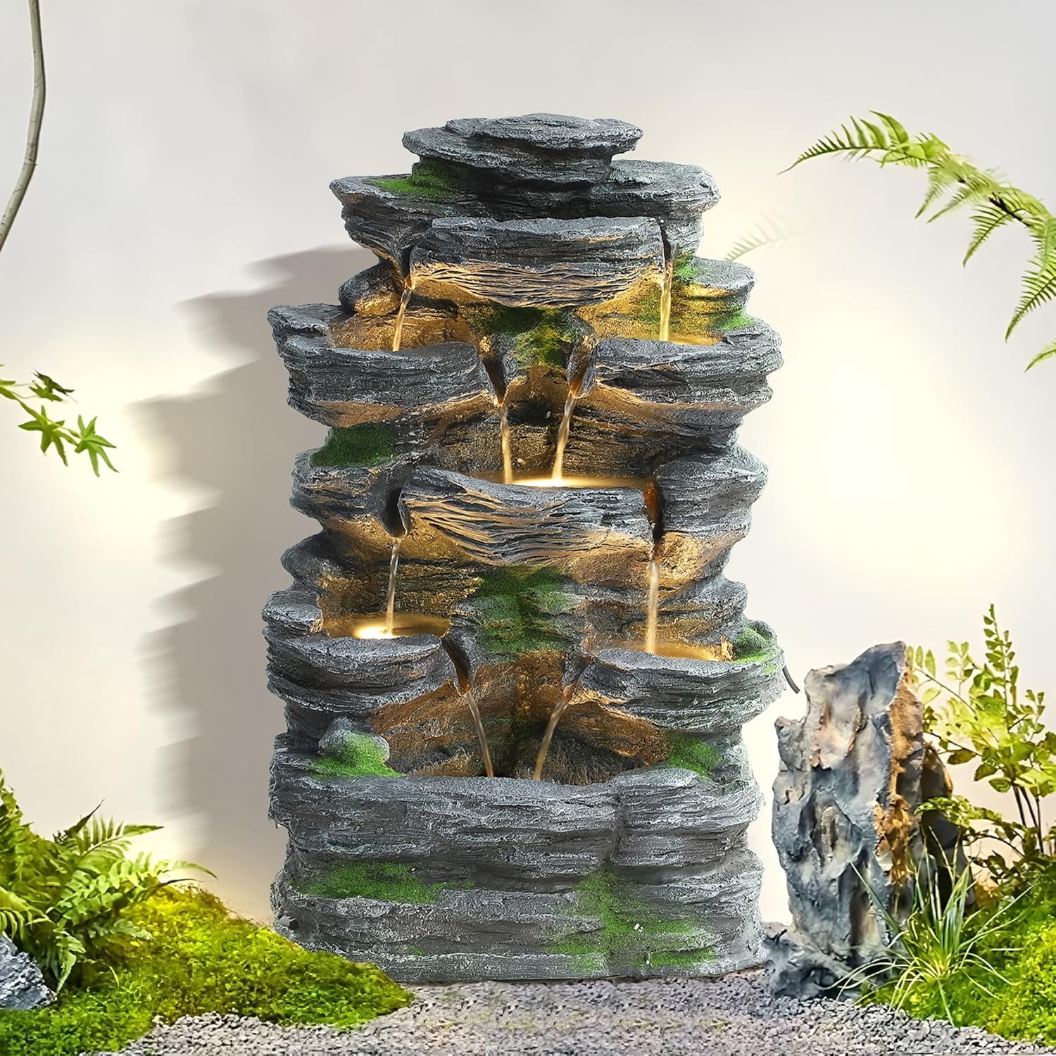 7 Tiers Cascading Rock Outdoor Water Fountain, Garden Freestanding ...