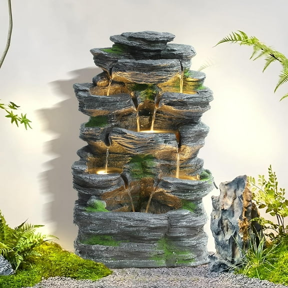 7 Tiers Cascading Rock Outdoor Water Fountain, Garden Freestanding Rockery Natural Waterfall Fountains Outdoor with LED Lights, Soothing Tranquility Fountains for Home Garden Yard Decor, 24" H