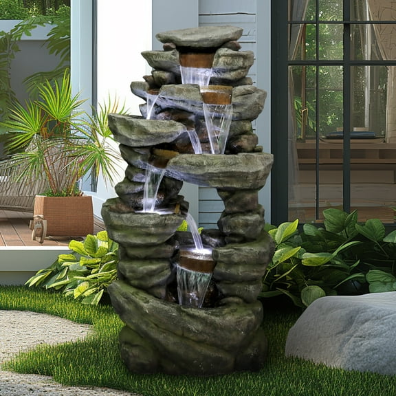 7-Tiers Rocks Outdoor Garden Water Fountain- 60" High Large Cascading Waterfall Floor Standing Water Features with LED Lights for Garden and Patio Decor