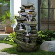 7-Tiers Rocks Outdoor Garden Water Fountain- 60 High Large Cascading Waterfall Floor Standing Water Features with LED Lights for Garden and Patio Decor
