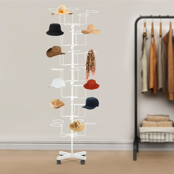 7 Tiers Rotating Hat Rack White Floor Stand Metal Cap Display Spinner Holder Holds 35 Hats