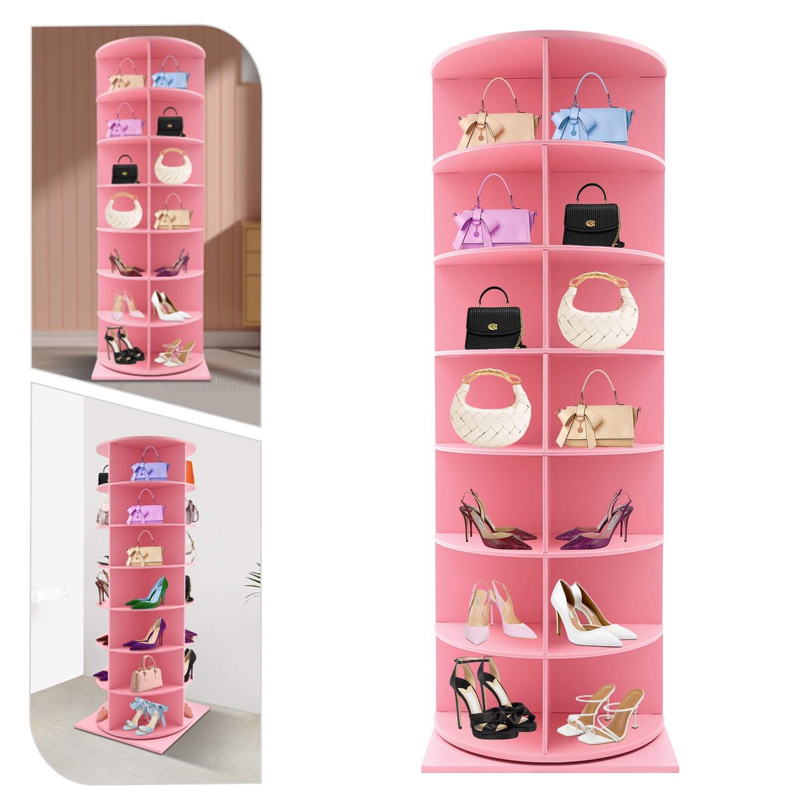 Pink 7-Tier 360° Rotating Shoe Rack with Stainless Steel Frame