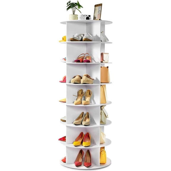 7 Tiers Rotating Shoe Rack Tower, 360 Spinning Shoe Rack, Revolving Storage Round Carousel Display, Freestanding Lazy Susan Organizer Display for Bedroom, Living Room, Entryway, Closet, White