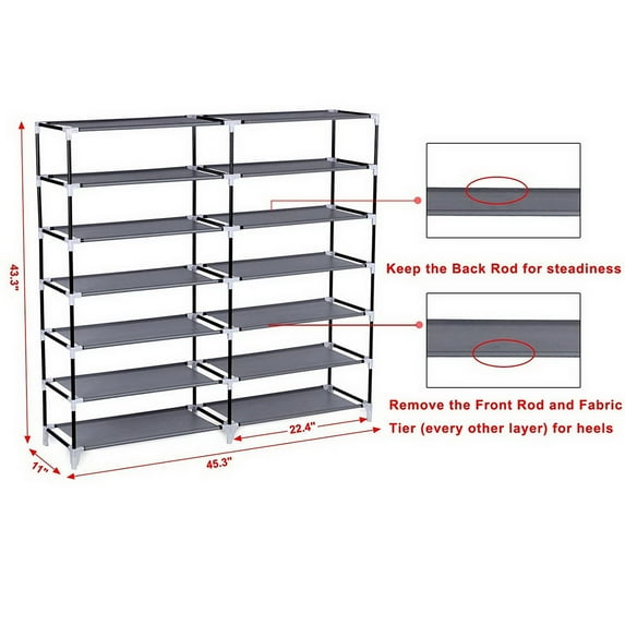 7 Tiers Shoe Rack Organizer, Portable Shoe Rack Closet Fabric Cover, Shoe Organizer Storage Cabinet 44" x 11" x 43" (L x W x H) Gray, PKWQ510GY