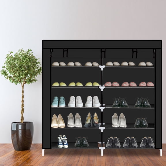 7 Tiers Shoe Rack Portable Closet Fabric Cover Shoe Storage Organizer Cabinet, Black