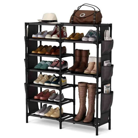 7 Tiers Shoe Rack Shoe Shelf Shoe Storage Organizer with Side Hooks for Entryway, 24-30 Pairs Metal Shoe Rack Taller Shoes Boots Organizer
