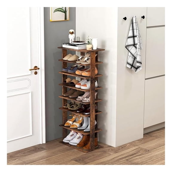 7 Tiers Vertical Shoe Rack, Wooden Slim Shoe Storage Shelf, Narrow Shoe Stand Tower for Boots, Space Saving Shoe Organizer for Closet, Entryway, Front Door (Large, Rustic Brown)