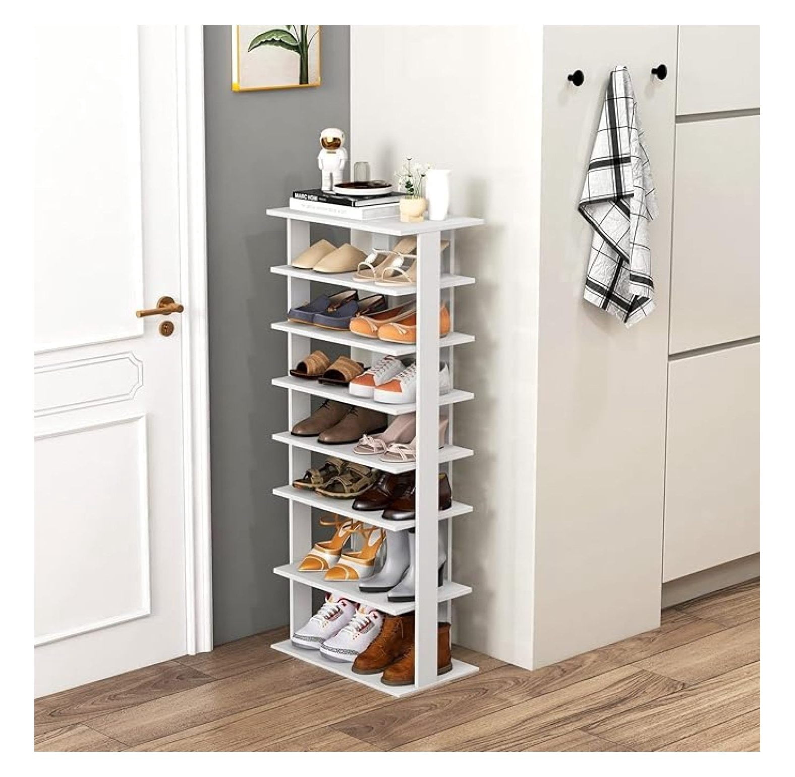 7 Tiers Vertical Shoe Rack, Wooden Slim Shoe Storage Shelf, Narrow Shoe Stand Tower for Boots, Space Saving Shoe Organizer for Closet, Entryway, Front Door (Large, White)