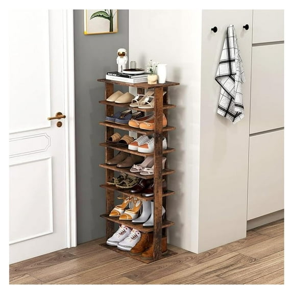 7 Tiers Vertical Shoe Rack, Wooden Slim Shoe Storage Shelf, Narrow Shoe Stand Tower for Boots, Space Saving Shoe Organizer for Closet, Entryway, Front Door (Large, Rustic Brown)