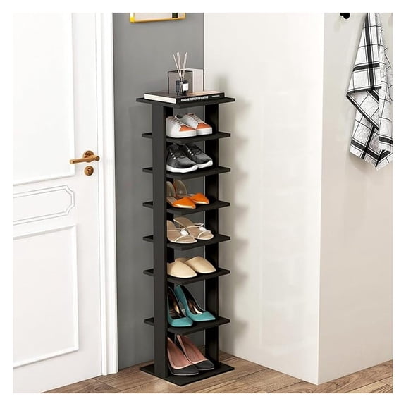 7 Tiers Vertical Shoe Rack, Wooden Slim Shoe Storage Shelf, Narrow Shoe Stand Tower for Boots, Space Saving Shoe Organizer for Closet, Entryway, Front Door (Small, Black)