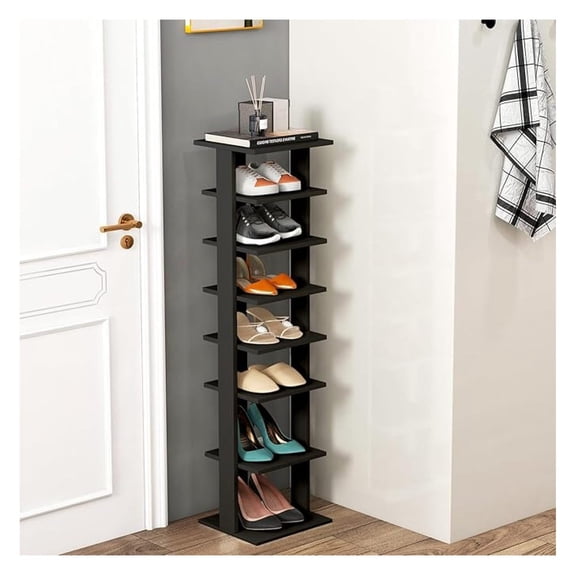 7 Tiers Vertical Shoe Rack, Wooden Slim Shoe Storage Shelf, Narrow Shoe Stand Tower for Boots, Space Saving Shoe Organizer for Closet, Entryway, Front Door (Small, Black)