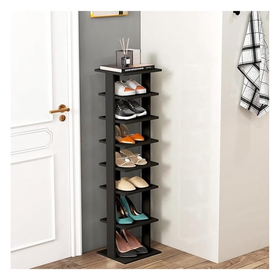 7 Tiers Vertical Shoe Rack, Wooden Slim Shoe Storage Shelf, Narrow Shoe Stand Tower for Boots, Space Saving Shoe Organizer for Closet, Entryway, Front Door (Small, Black)