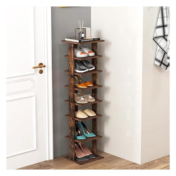 7 Tiers Vertical Shoe Rack, Wooden Slim Shoe Storage Shelf, Narrow Stand Tower for Boots, Space Saving Shoe Organizer for Closet, Entryway, Front Door (Small, Rustic Brown)