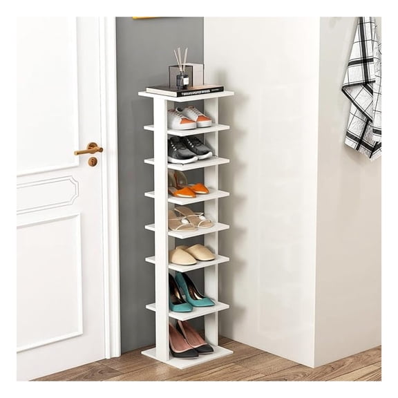7 Tiers Wooden Slim Shoe Rack, Vertical Shoe Stand Tower with Space Saving Design for Boots, Closet, Entryway, Front Door (Small, White)