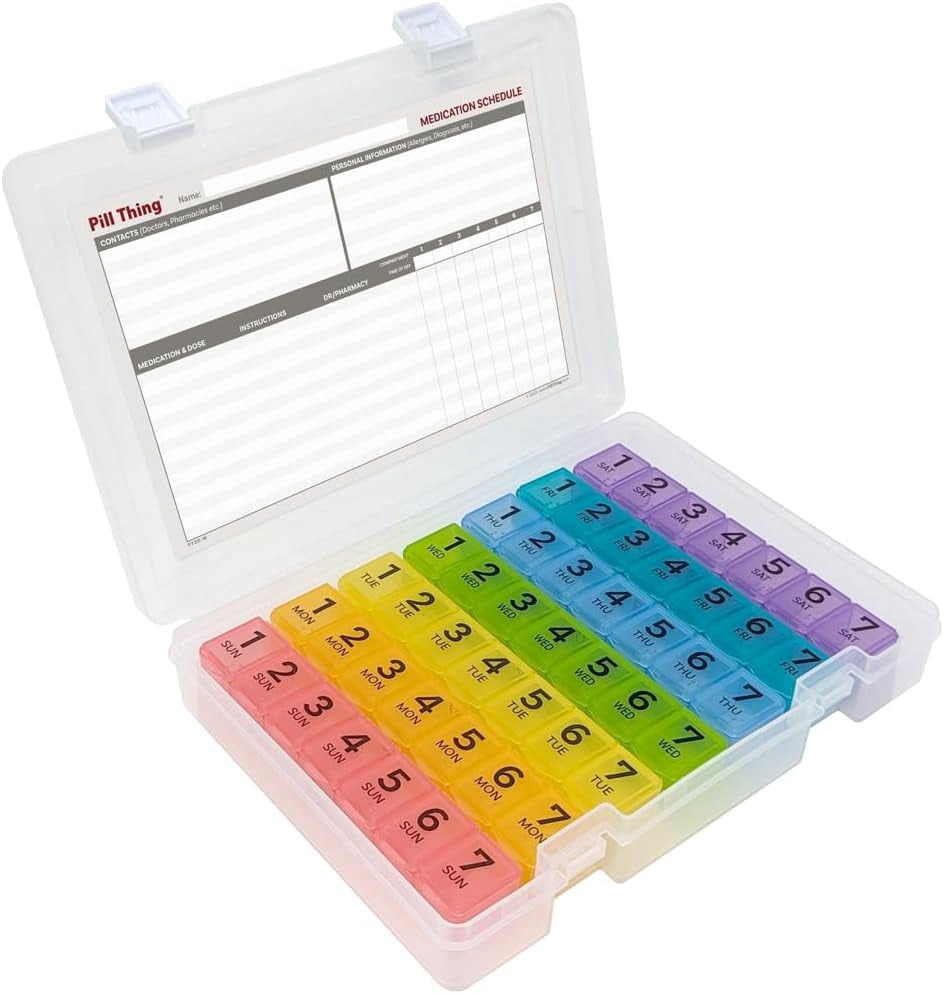 Pill Thing 7-Day Weekly Pill Box Organizer Case, Secure Small Travel Container with Medication Schedule