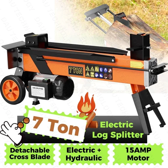7 Ton Electric Log Splitter, 15Amp Portable Hydraulic Horizontal Wood Splitter with Detachable Cross Blade, Compact Firewood Cutter for Home, Garage, Cabin,Orange