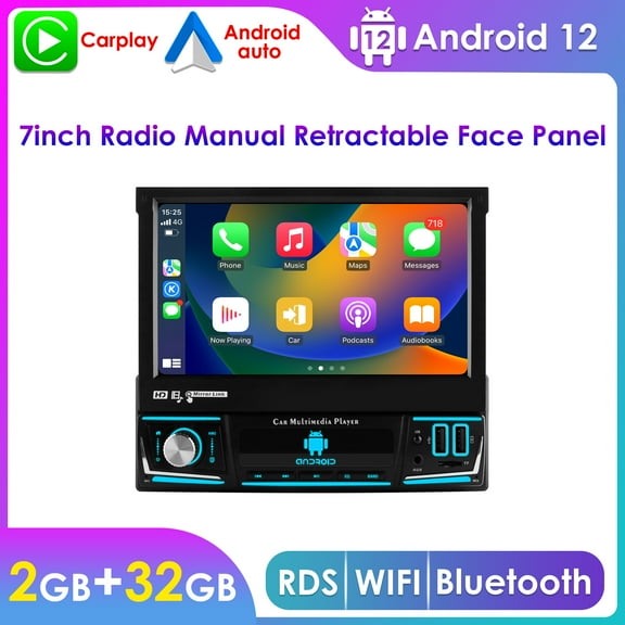 7'' Touch Screen Android 12 Apple Carplay Bluetooth Single 1 Din Flip-Out Car Radio Stereo Head Unit Multimedia GPS Navigation Player