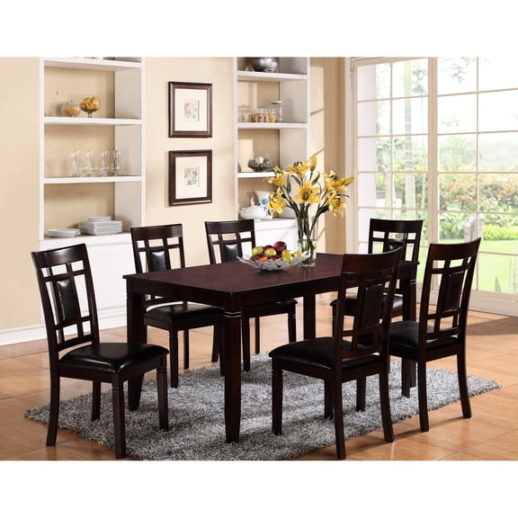 7 Transitional Dining , Rectangular Table And 6 Chairs, Brown Finish, Faux Leather Upholstered Chairs With Padded Seat In : Table, Back Side
