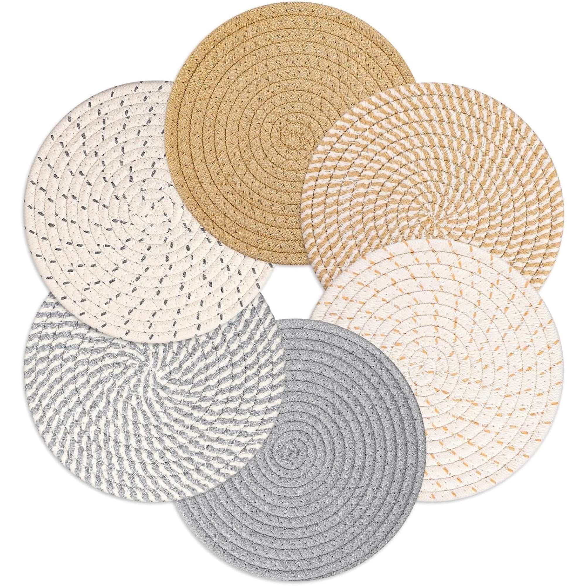 7" Trivets for Hot Pots and Pans,Set of 6 Cotton Thread Weave Pot Holders, Heat Resistant Mat, Hot Plate Mat for Kitchen Countertops, Home Essentials, Farmhouse Decor (Gray & Brown)
