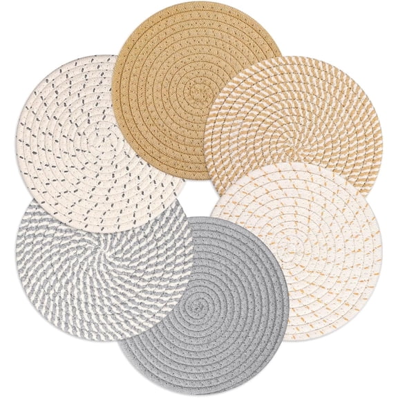 7" Trivets for Hot Pots and Pans,Set of 6 Cotton Thread Weave Pot Holders, Heat Resistant Mat, Hot Plate Mat for Kitchen Countertops, Home Essentials, Farmhouse Decor (Gray & Brown)