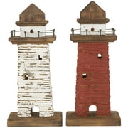 7"W, 15"H Red Wood Distressed Light House Sculpture with Cream and Brown Accents, by DecMode (2 Count)