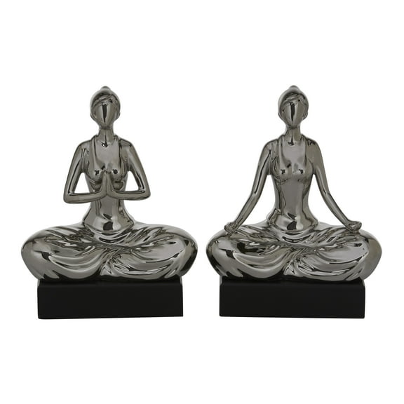 7"W, 9"H Silver Polystone Yoga Sculpture, by DecMode (2 Count)