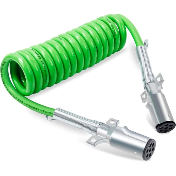 7 Way Coiled Trailer Cord 15 FT Green ABS Electrical Power Coil Heavy Duty Power Wire for Semi