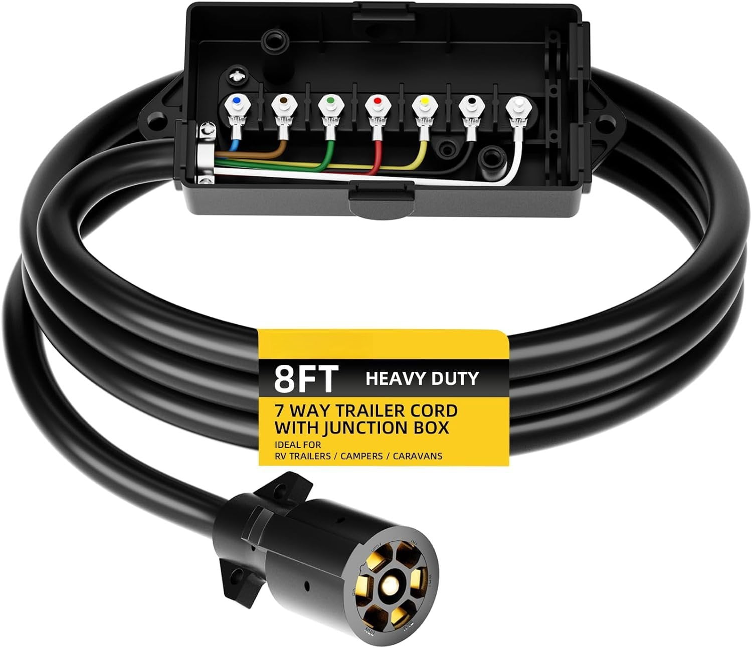 7 Way Plug Inline Trailer Cord with 7 Gang Junction Box - 8 , Heavy ...