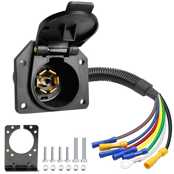 7 Way RV Trailer Light Connector Socket,7 Pin Trailer Plug Quick Converter Wiring Adapter with Mounting Bracket,Weatherproof Vehicle Side 7 Prong Socket for RV,Truck,Camper,Boat(1Ft)