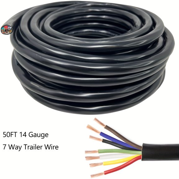 7 Way Trailer Wire, Heavy Duty 14 Gauge 7 Conductor RV Trailer Wiring, CCA Color-Coded Durable Trailer Wiring Extension, Copper Clad Aluminum Conductor Insulated Trailer Cable