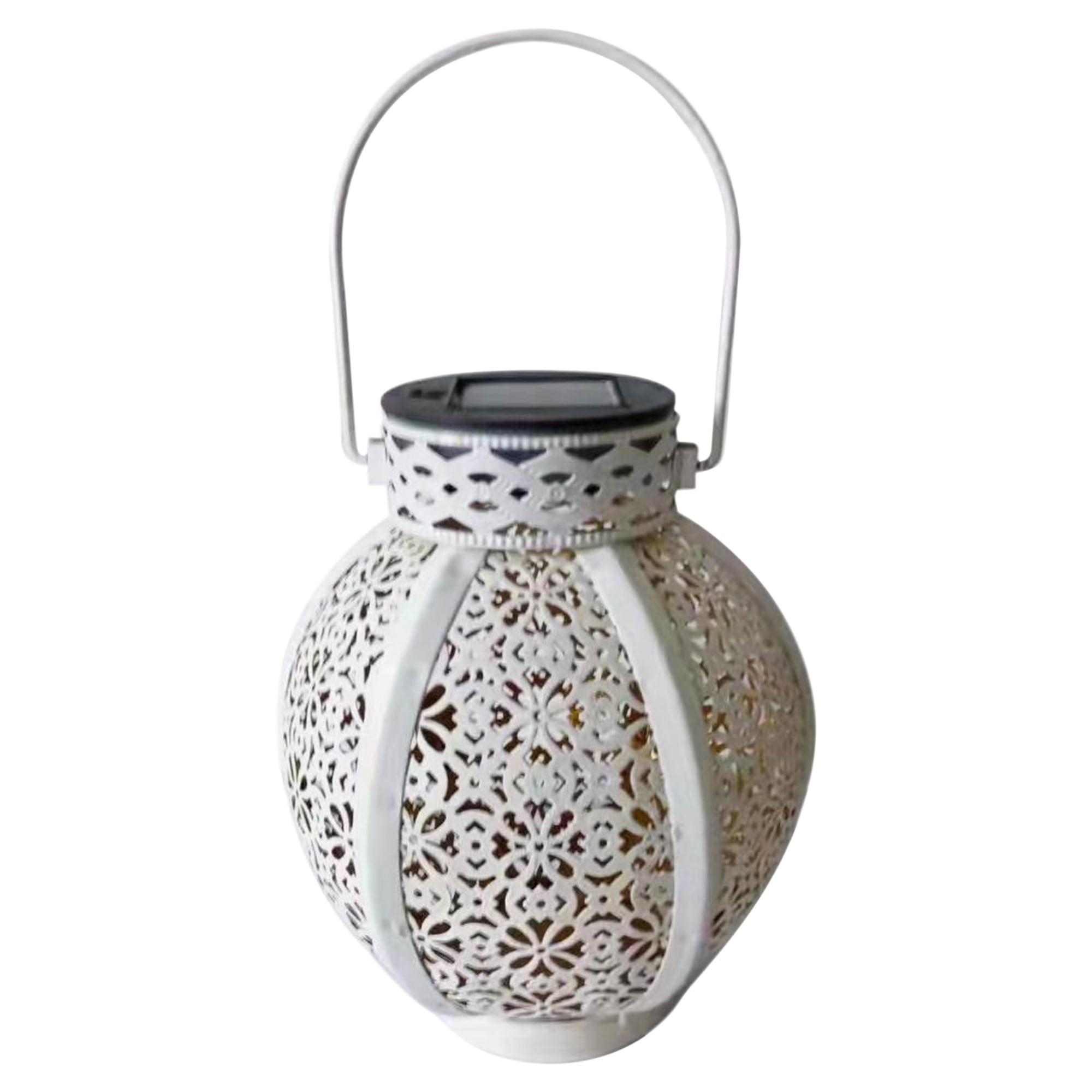 7" White Floral Pattern Metal Solar Lantern with Handle