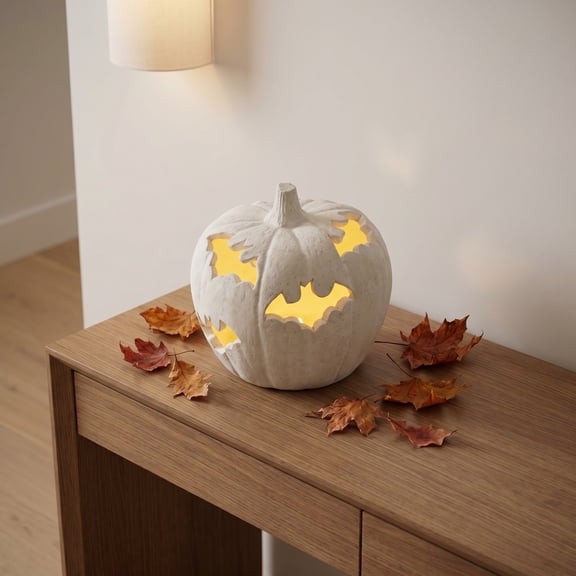 7" White Terracotta Look Halloween Pumpkin Lantern - LED Lighted Resin Pumpkin Decor with Spooky Bat Hollow Design