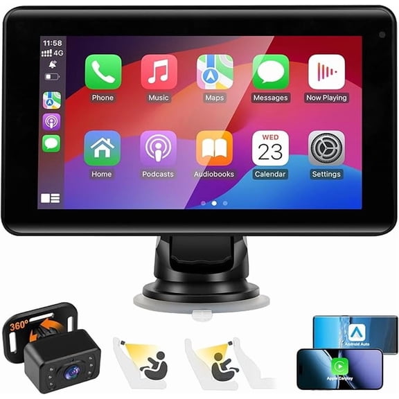 7" Wireless CarPlay Screen with Baby Car Camera- Apple CarPlay & Android Auto, 1080P IR Night Vision, HD Touchscreen with Split Display, Plug-and-Play