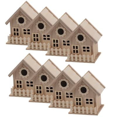 7" Wooden Birdhouse with Fence by Make Market - Unfinished Birdhouse Made of 100% Wood - Outdoor Nesting Boxes - Bulk 8 Pack