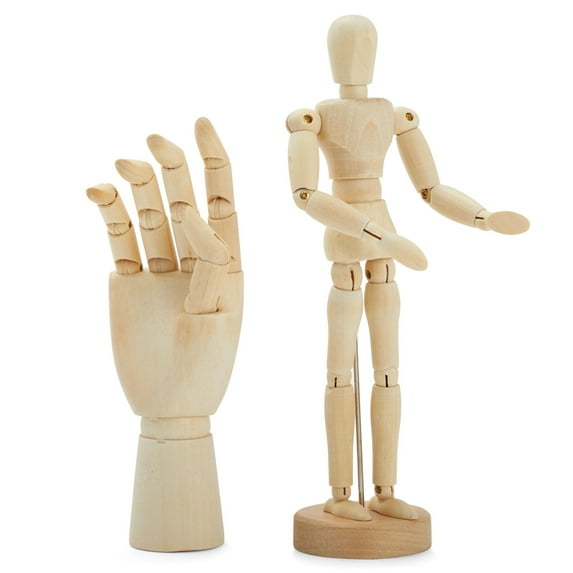 7" Wooden Posable Hand Model and 8" Wooden Posable Movable Drawing Figures for Artist, (2-Piece)