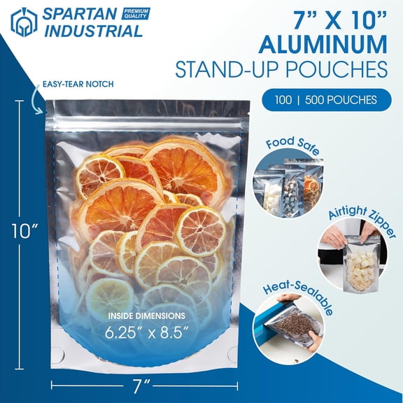 - 7" X 10" Aluminum Stand-Up Pouches - Pack of 100 Resealable Silver Bags for Smell-Proof Food Storage and Packaging, Cosmetics, Handmade Goods, and More