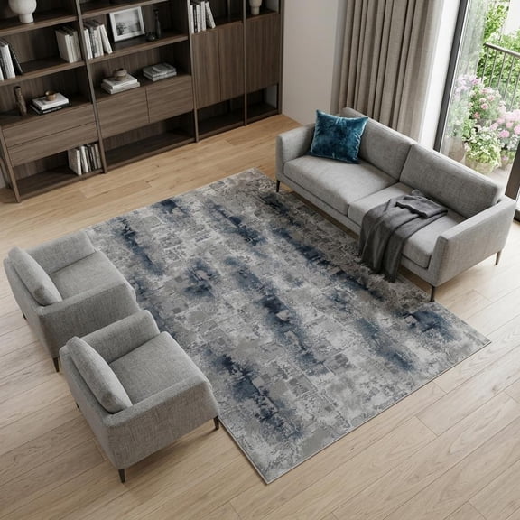 7' X 10' Blue And White Abstract Distressed Area Rug