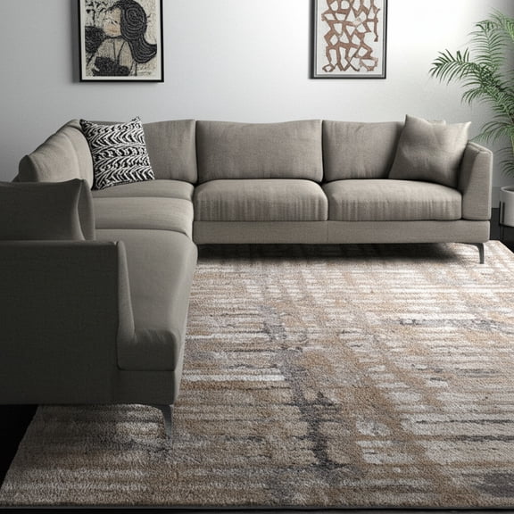 7' X 10' Brown Tan And Ivory Abstract Distressed Area Rug