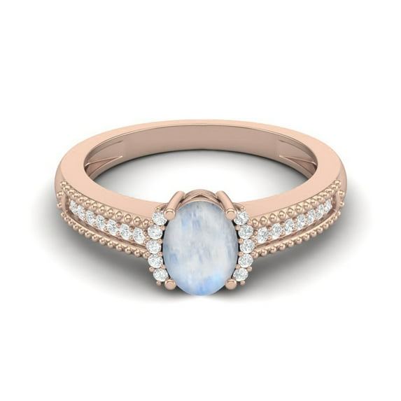 7 X 5 MM Oval Moonstone Gemstone 925 Sterling Silver Rose Vermeil Halo Accent Women Mother's Day Gift Ring