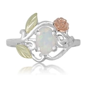 7 X 5 MM Oval Synthetic Opal Rose Flower Ring in Sterling Silver with 12k Black Hills Gold Accents