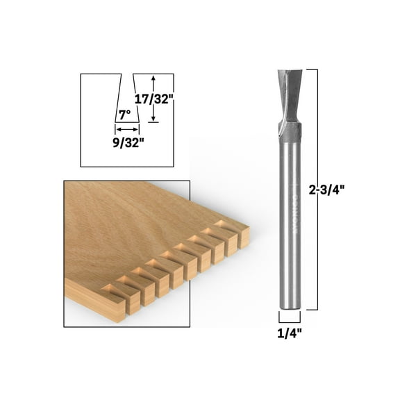 7° X 9/32" Solid Carbide Dovetail Router Bit - 1/4" Shank - Yonico 14810q