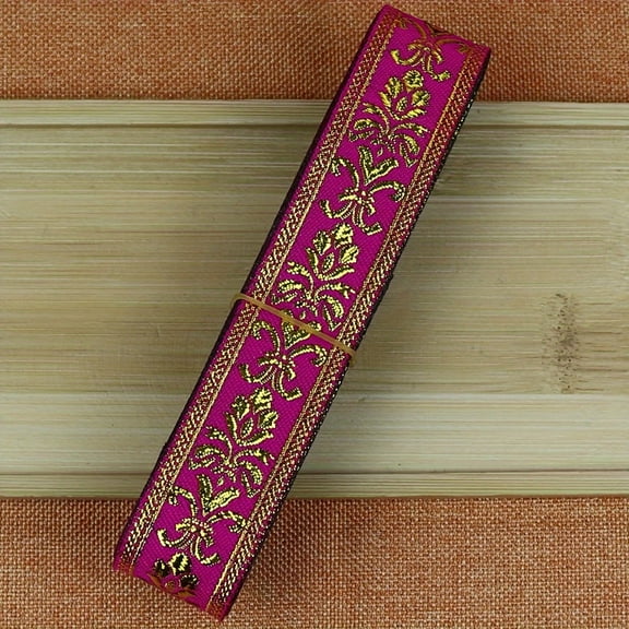 7 Yards 2.5cm Jacquard Ribbon with Golden Floral Leaves Pattern - Woven Lace Trim Tape for DIY Sewing and Fabric Projects - Available in White, Red, Beige, Rose Red, Pink