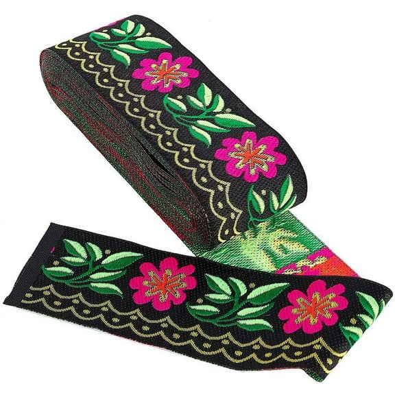 7 Yards 2inch Jacquard Ribbon Daisy Leaves on Waves Fabric Trim Fringe Floral Embroidered Woven Trim for Embellishment Craft Supplies Garment Accessories Black