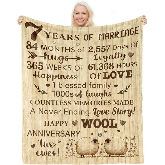 7 Year Anniversary Blanket Gifts for Her Him, Copper Gifts for 7th Anniversary Wedding Gift for Women Men, 7 Year Anniversary Wool Gifts for Couple Husband Wife, Happy Anniversary Decorations Presents