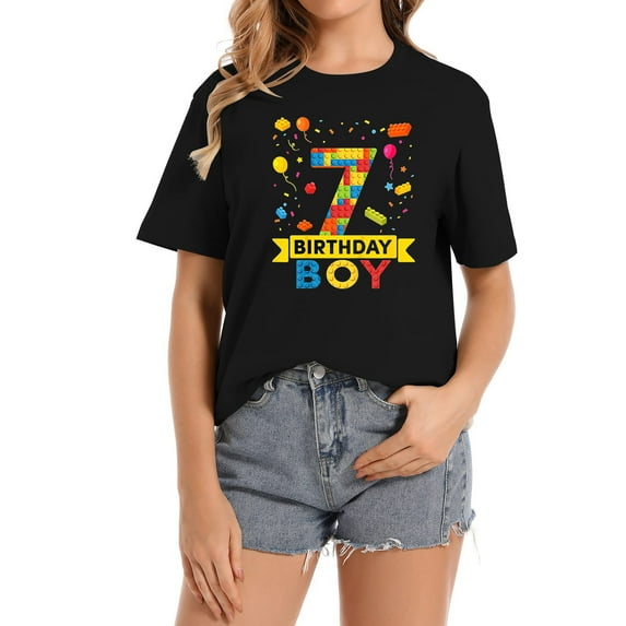 7 Year Old Building Blocks 7th Birthday Women Bold and Trendy Graphic T-Shirt - Women's Short Sleeve Top